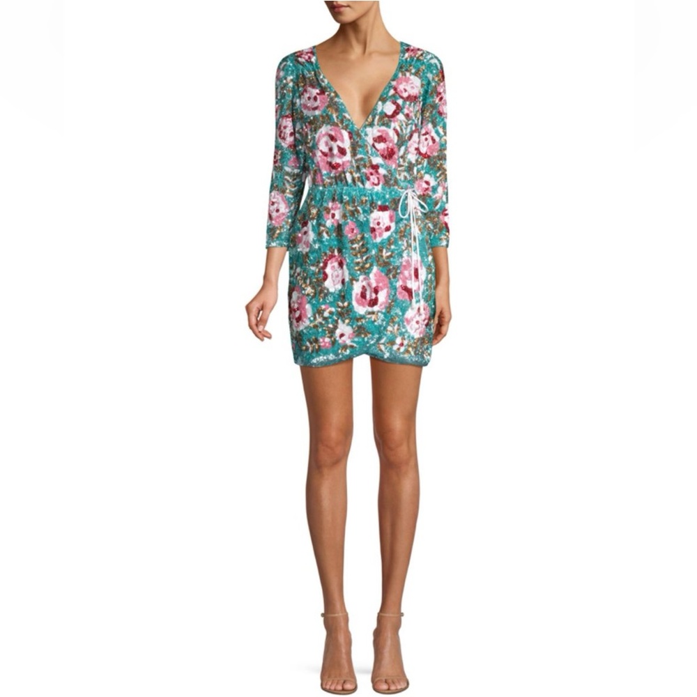 Retrofete Blue Floral Pattern Sequin Embellished Crepe Wrap Dress S - NWT - Picture 1 of 15